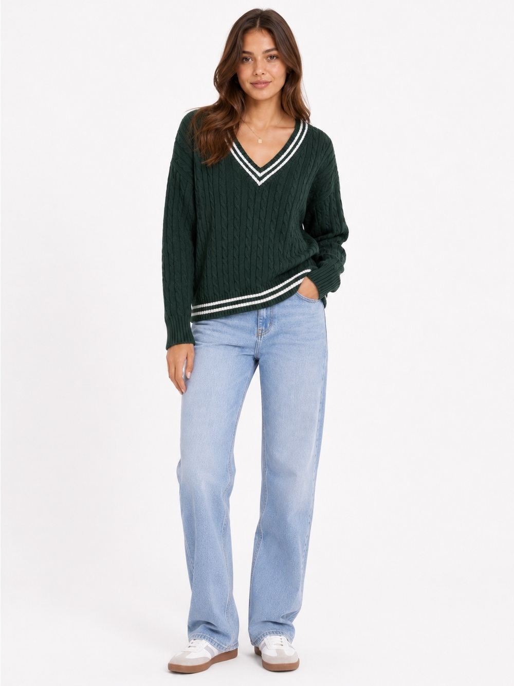 Hollister Women’s Cable Knit V-Neck Collegiate Sweater S Green White